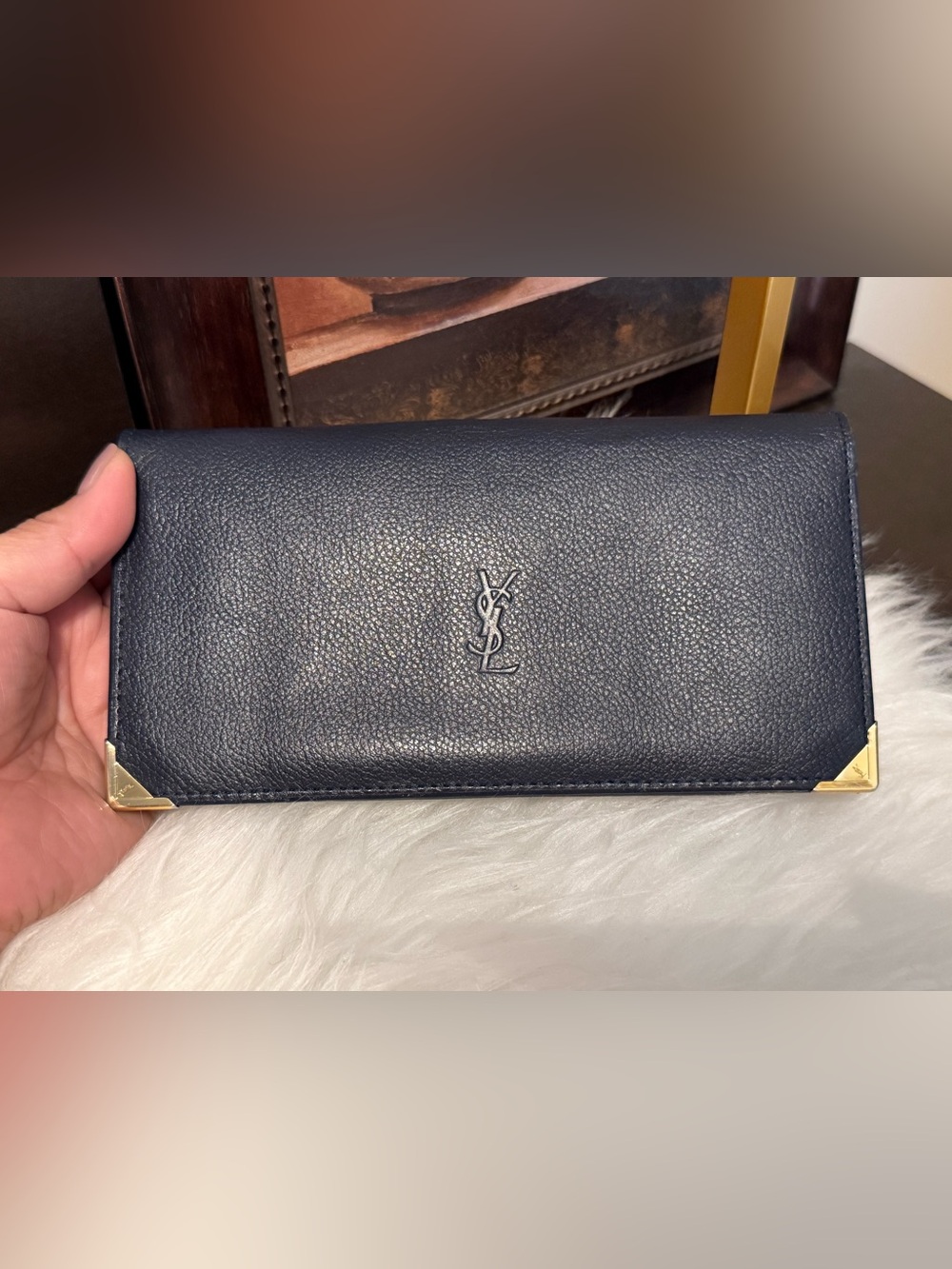 🌸Saint Laurent (YSL) Navy Leather Continental Wallet with Gold Corners🌸